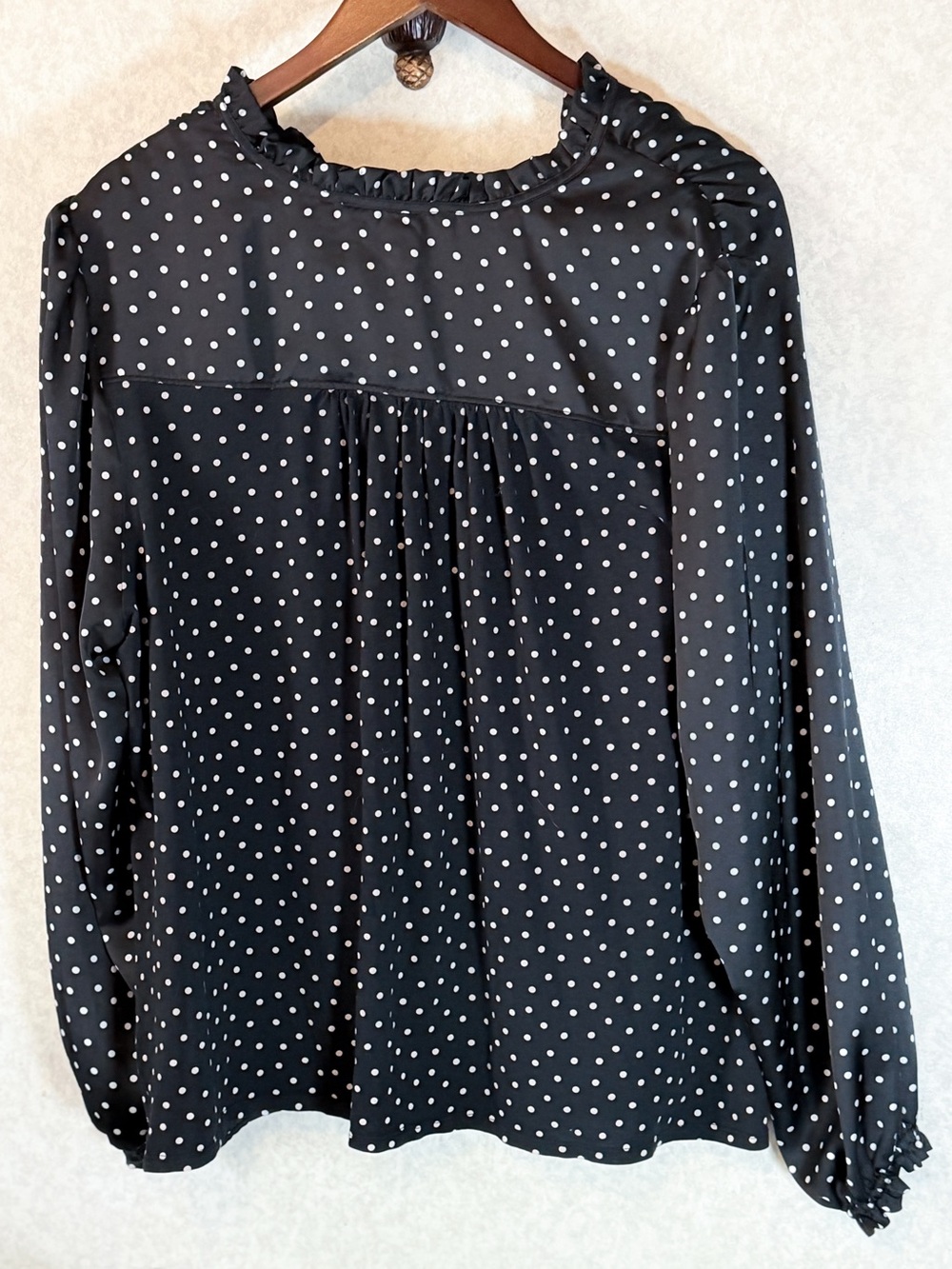 LOFT Black & White Polka Dot Ruffle Neck Blouse XXL Business Office Satin EUC - Picture 3 of 8